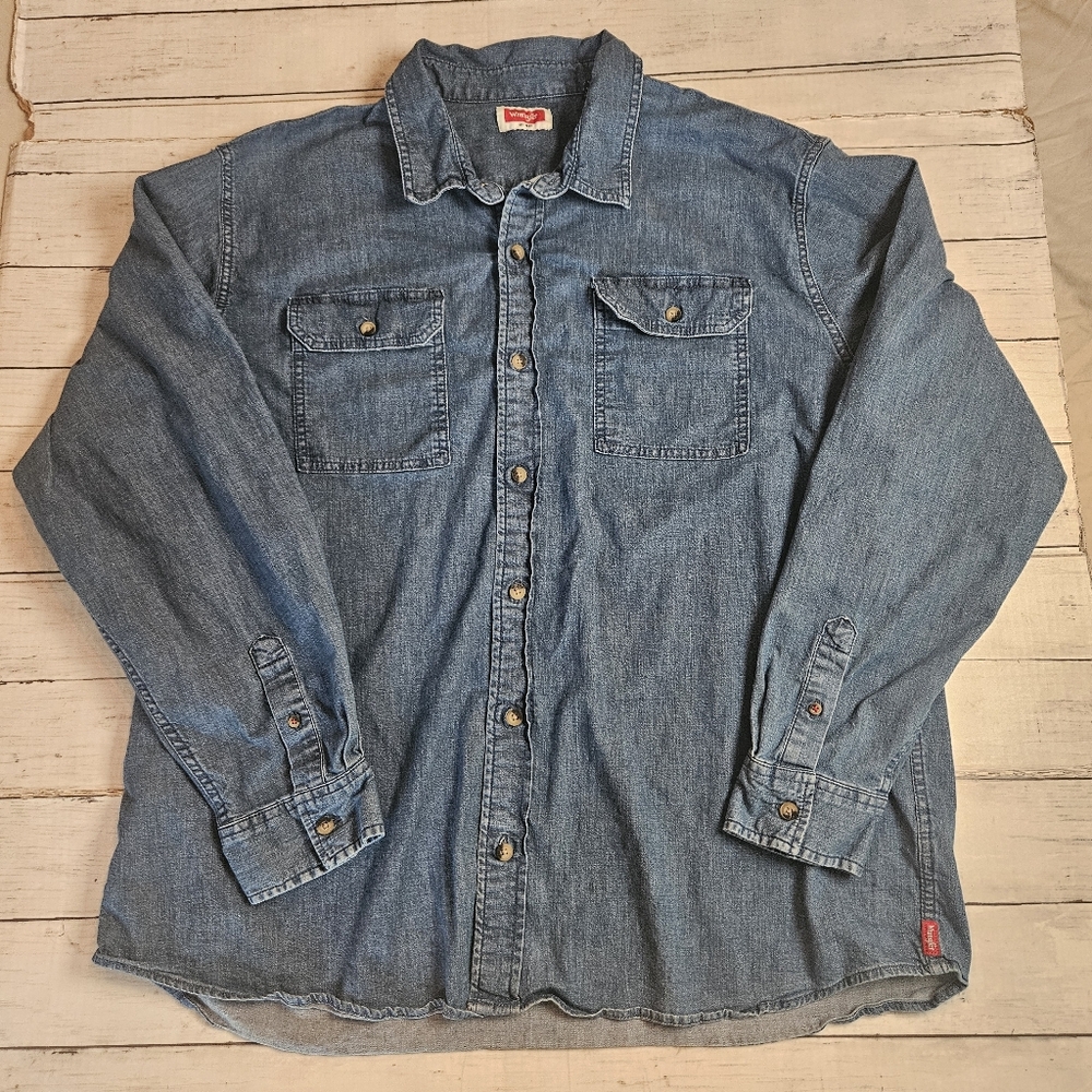 Wrangler Men's 2XL Blue Denim Long Sleeve Button Up Work Shirt Western Cowboy